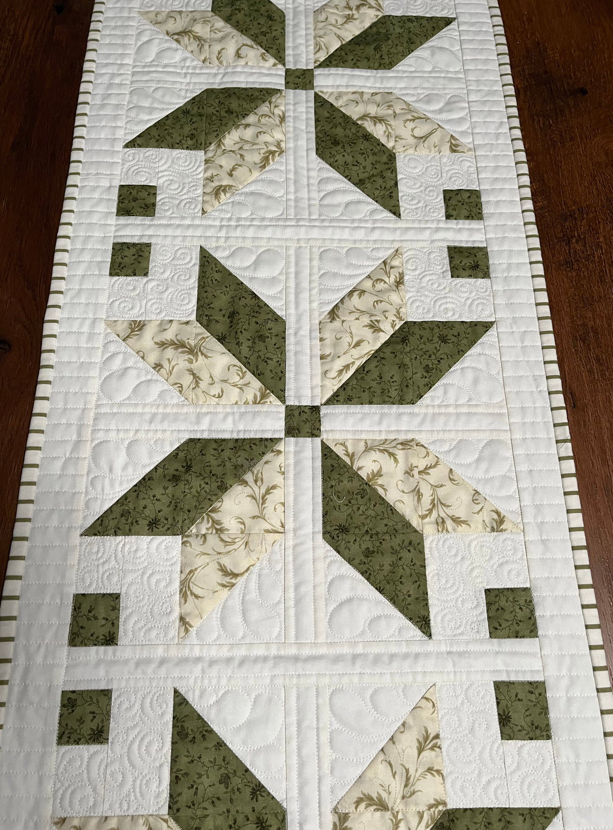 TABLE RUNNER - Handmade Fall, Thanksgiving, Holiday - Custom Quilted  - Soft Green, Cream & White (15x54)