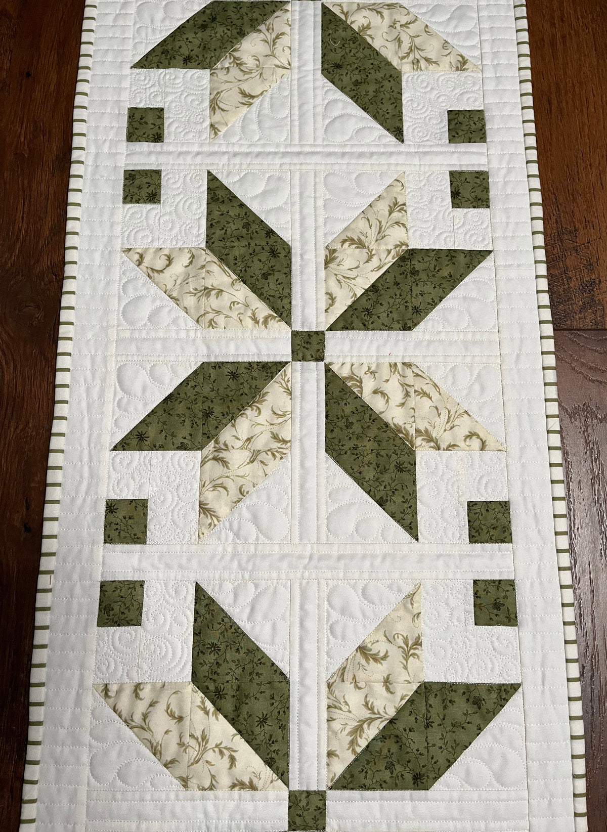 TABLE RUNNER - Handmade Fall, Thanksgiving, Holiday - Custom Quilted  - Soft Green, Cream & White (15x54)