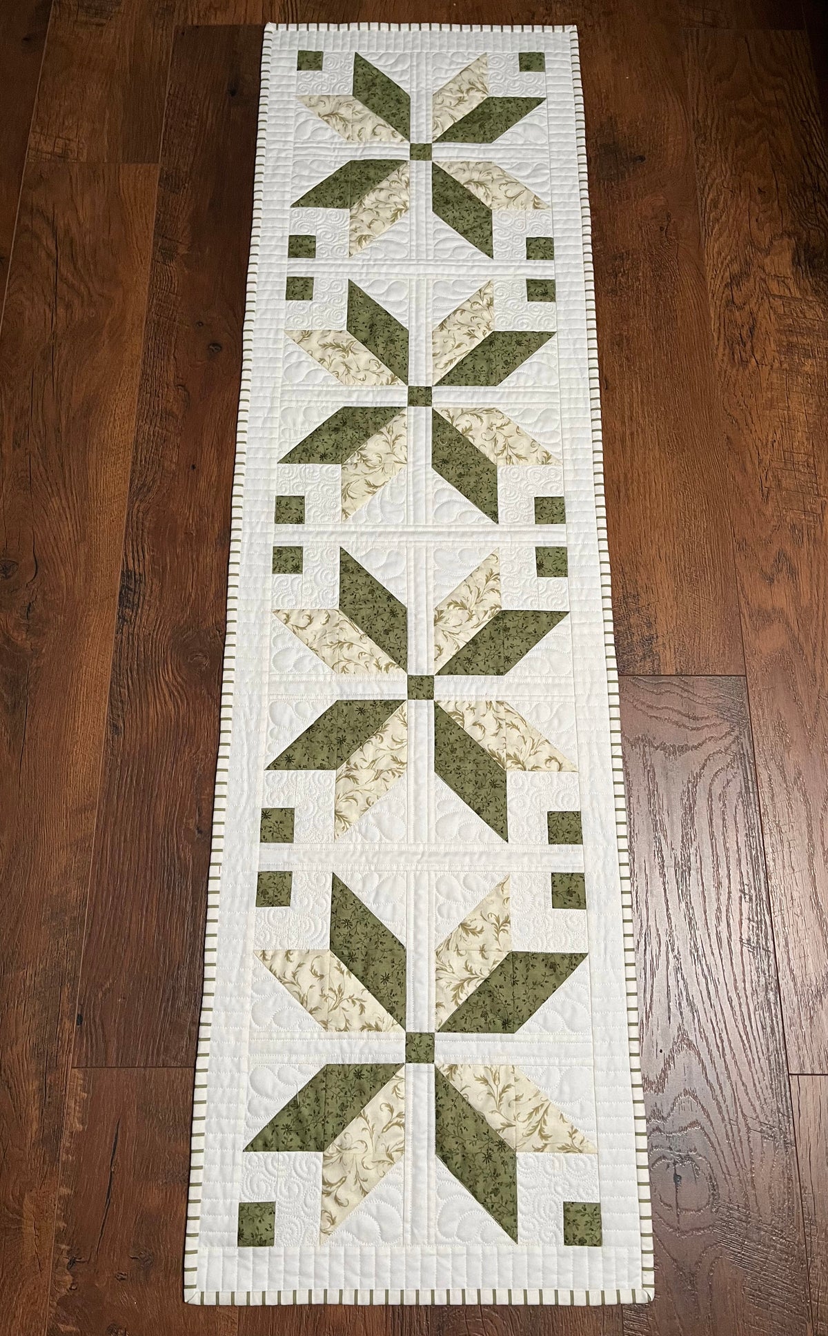 TABLE RUNNER - Handmade Fall, Thanksgiving, Holiday - Custom Quilted  - Soft Green, Cream & White (15x54)