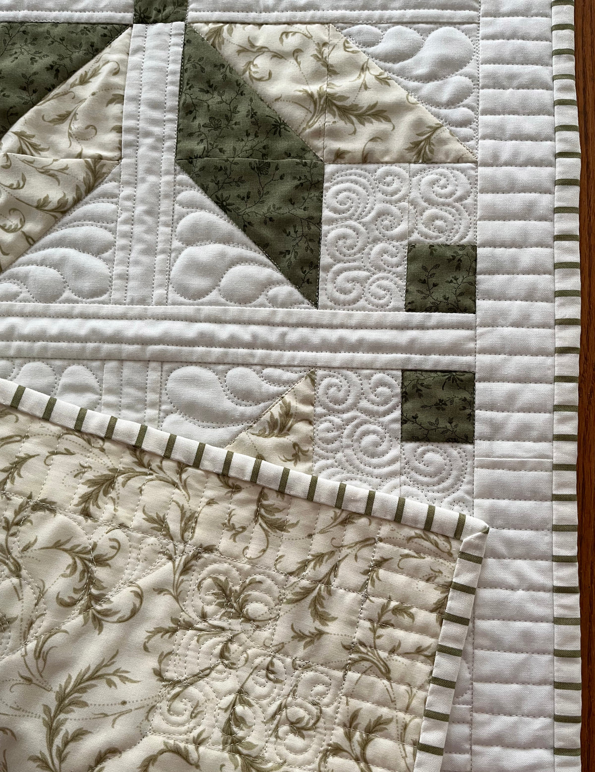 TABLE RUNNER - Handmade Fall, Thanksgiving, Holiday - Custom Quilted  - Soft Green, Cream & White (15x54)