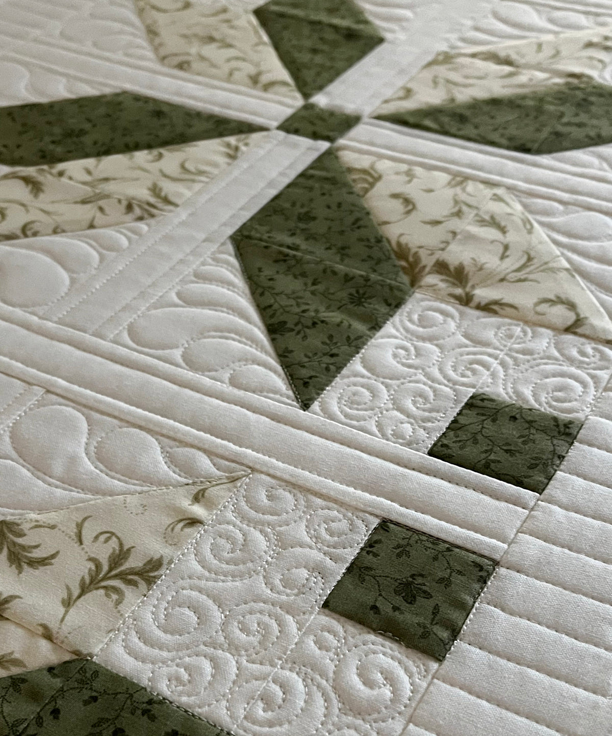TABLE RUNNER - Handmade Fall, Thanksgiving, Holiday - Custom Quilted  - Soft Green, Cream & White (15x54)