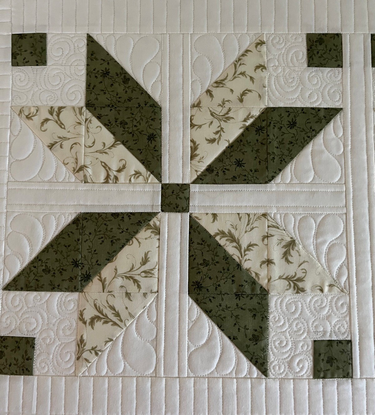 TABLE RUNNER - Handmade Fall, Thanksgiving, Holiday - Custom Quilted  - Soft Green, Cream & White (15x54)