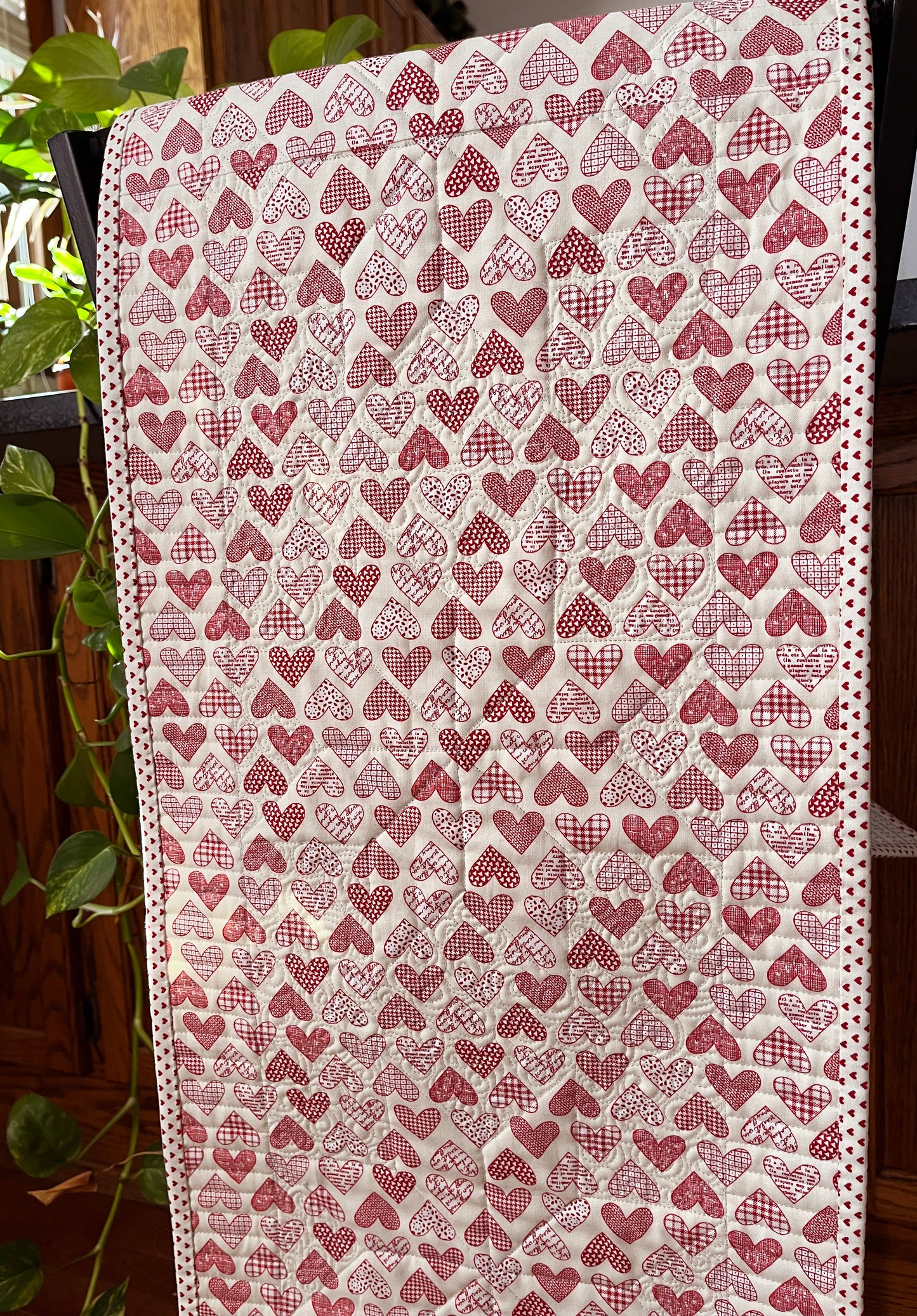 Table Runner - Handmade Valentine's Day Hearts - Red, Grey, Cream, Custom Quilted - 13.5"x55" - Ready to Ship