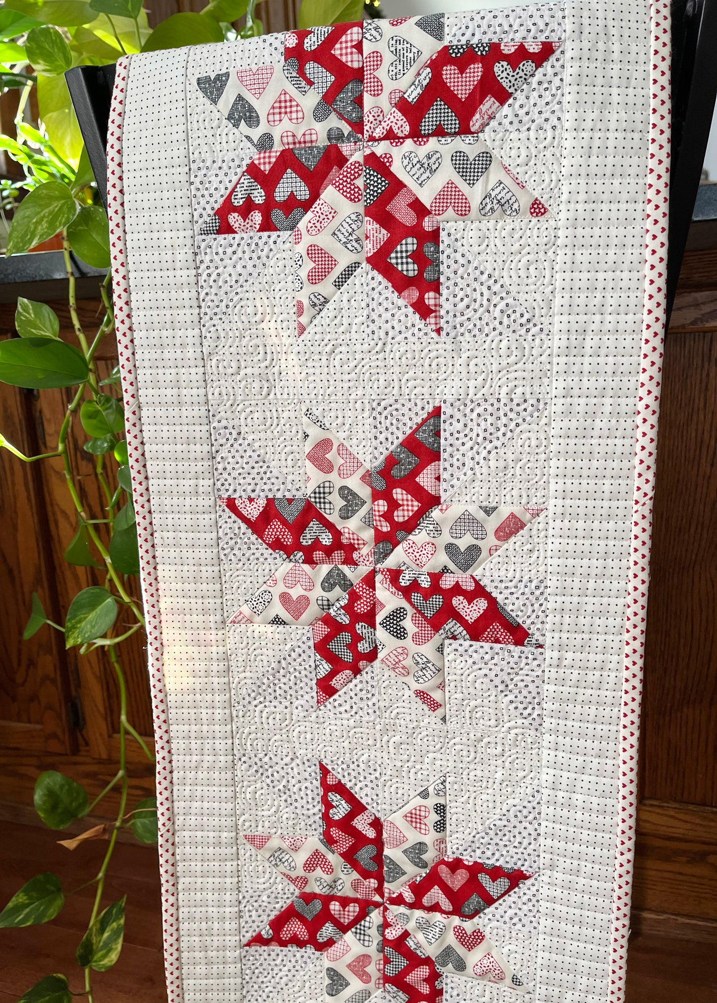 Table Runner - Handmade Valentine's Day Hearts - Red, Grey, Cream, Custom Quilted - 13.5"x55" - Ready to Ship