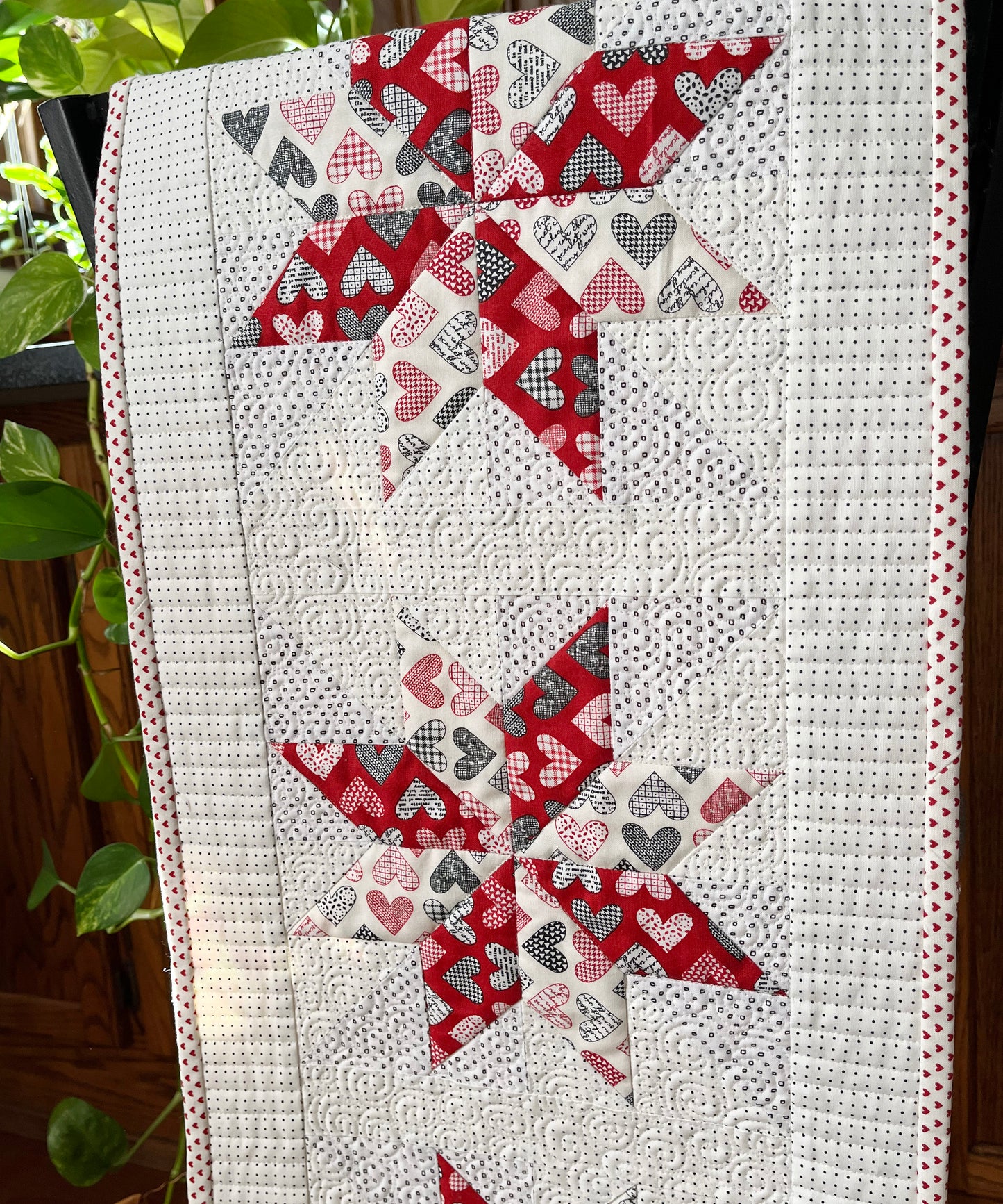 Table Runner - Handmade Valentine's Day Hearts - Red, Grey, Cream, Custom Quilted - 13.5"x55" - Ready to Ship