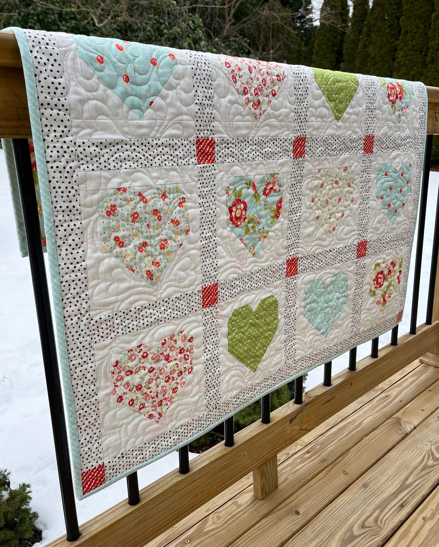 Handmade Baby Girl Quilt:  Hearts, Valentine's Day, Adult Lap Quilt, Table Topper, Baby Gift, Nursery Blanket