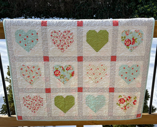 Handmade Baby Girl Quilt:  Hearts, Valentine's Day, Adult Lap Quilt, Table Topper, Baby Gift, Nursery Blanket