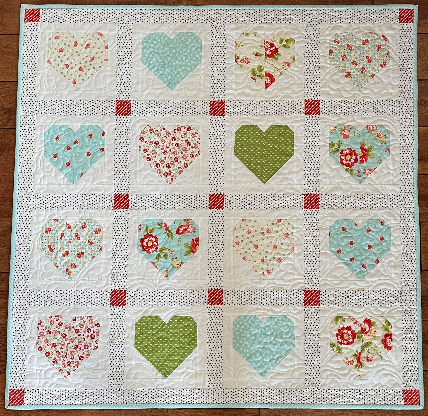 Handmade Baby Girl Quilt:  Hearts, Valentine's Day, Adult Lap Quilt, Table Topper, Baby Gift, Nursery Blanket