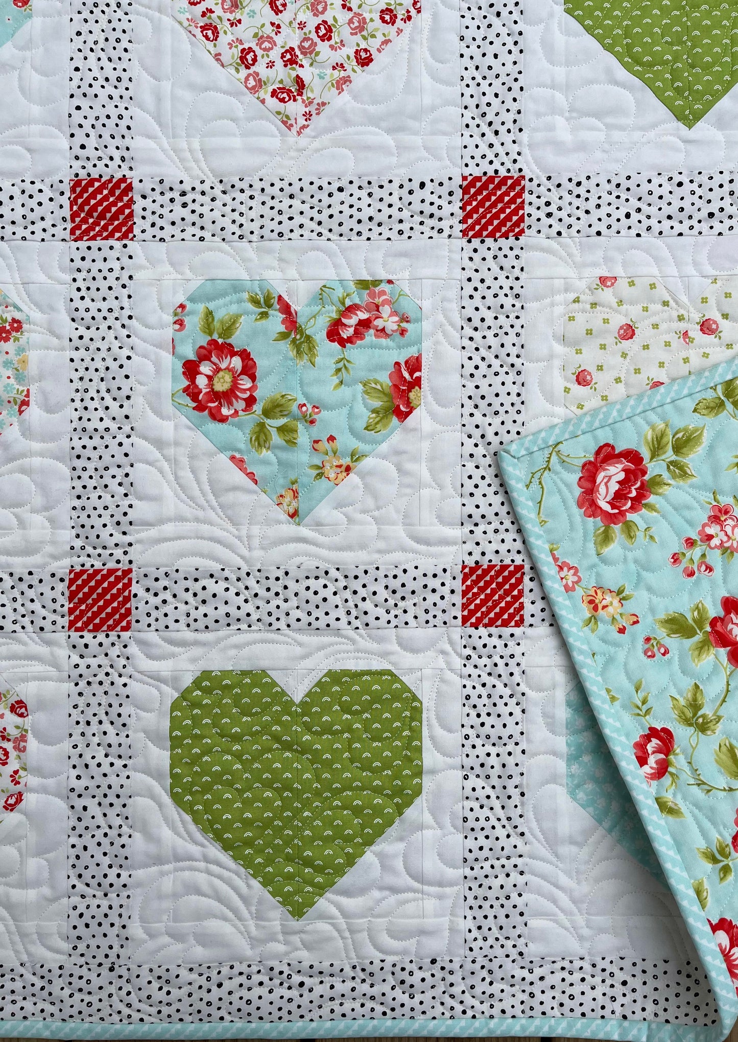 Handmade Baby Girl Quilt:  Hearts, Valentine's Day, Adult Lap Quilt, Table Topper, Baby Gift, Nursery Blanket