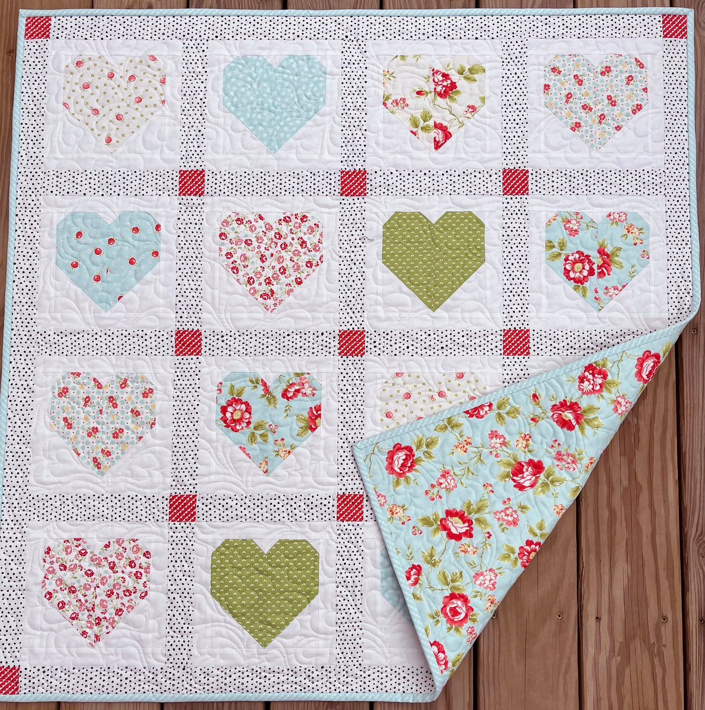 Handmade Baby Girl Quilt:  Hearts, Valentine's Day, Adult Lap Quilt, Table Topper, Baby Gift, Nursery Blanket