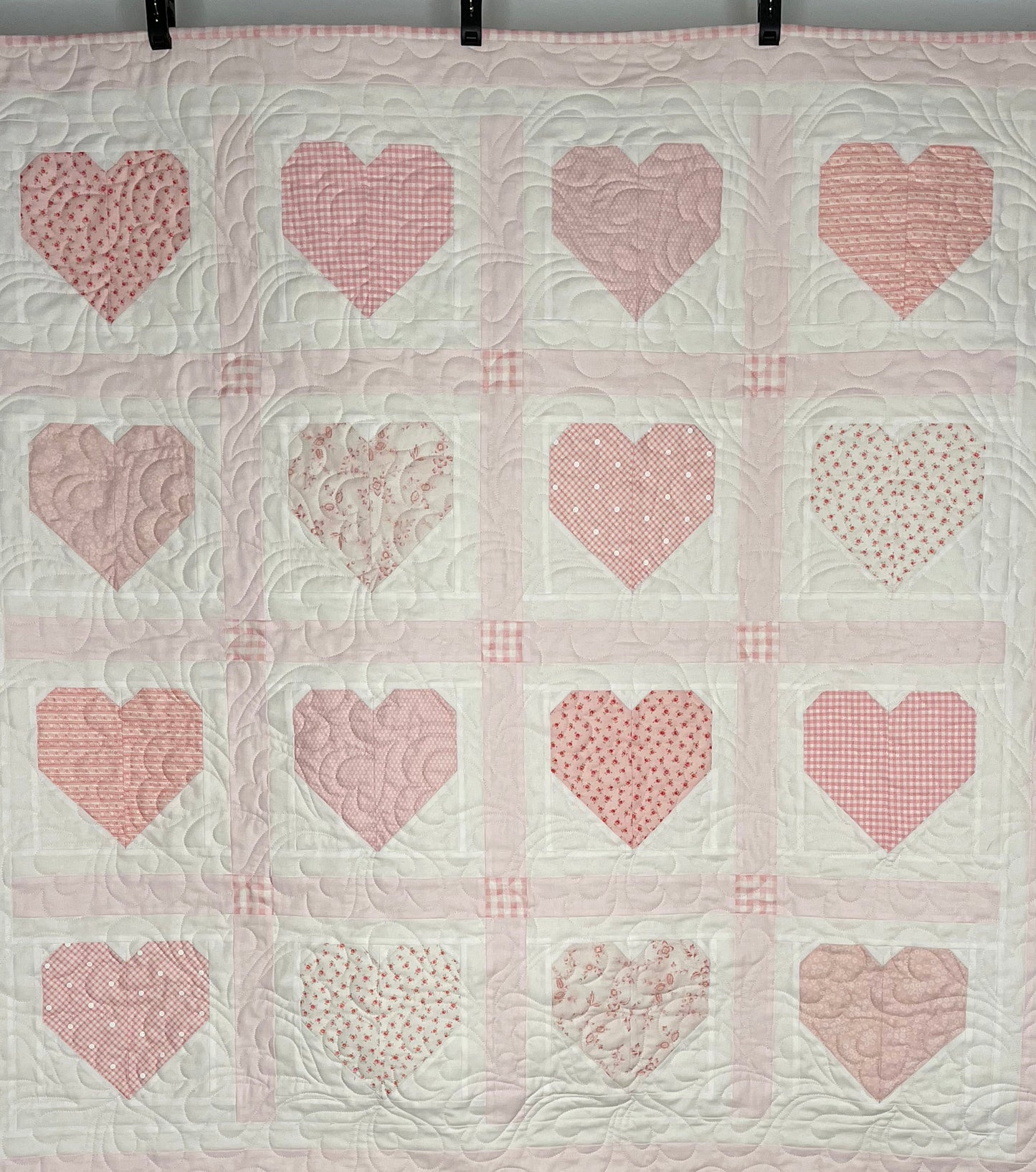 Handmade Baby Girl Quilt, Pink Heart Valentines Blanket (42x42) Adult Lap, Wall Hanging