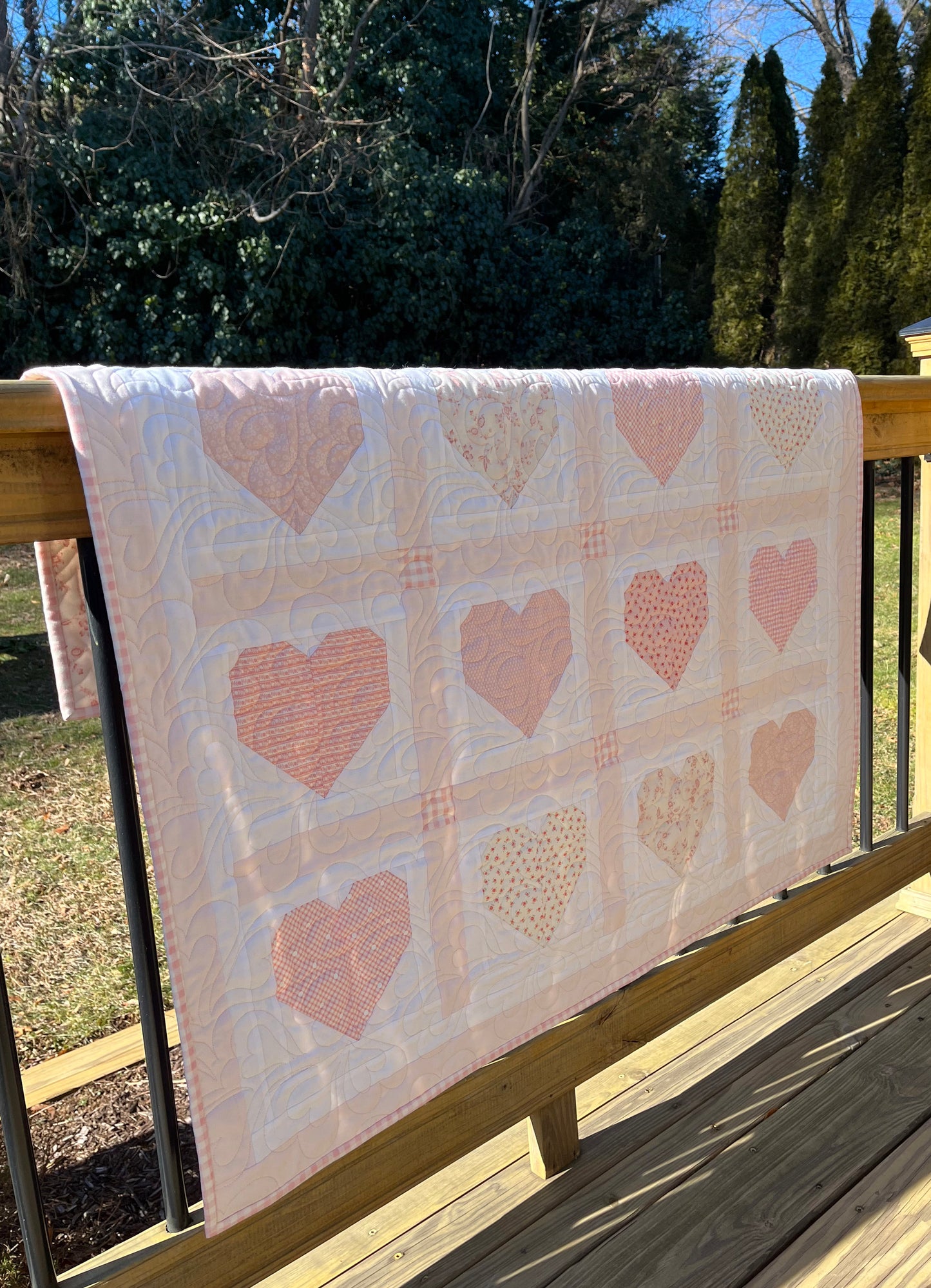 Handmade Baby Girl Quilt, Pink Heart Valentines Blanket (42x42) Adult Lap, Wall Hanging