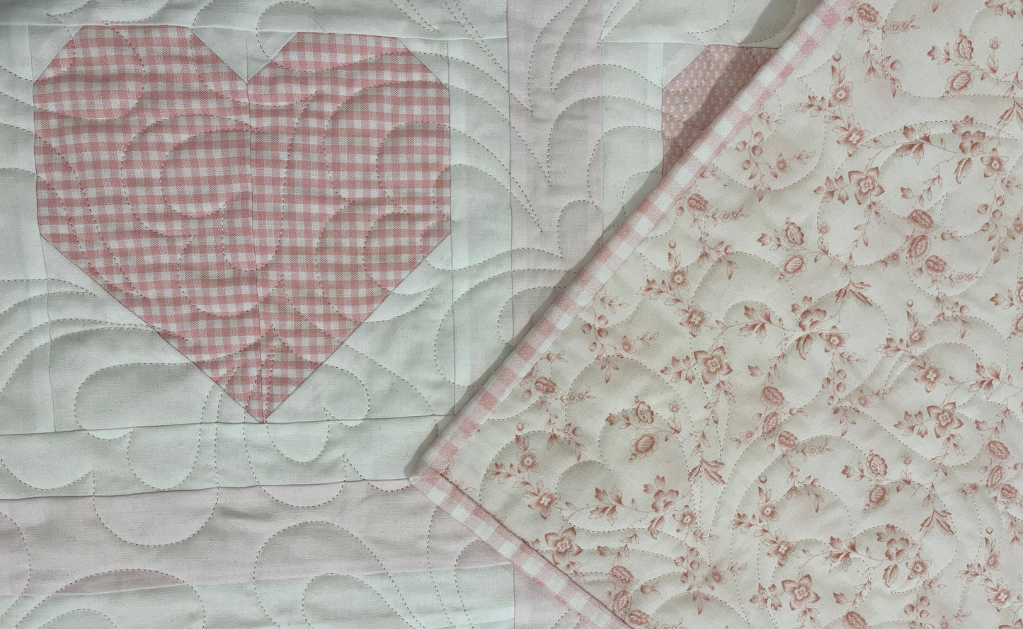 Handmade Baby Girl Quilt, Pink Heart Valentines Blanket (42x42) Adult Lap, Wall Hanging