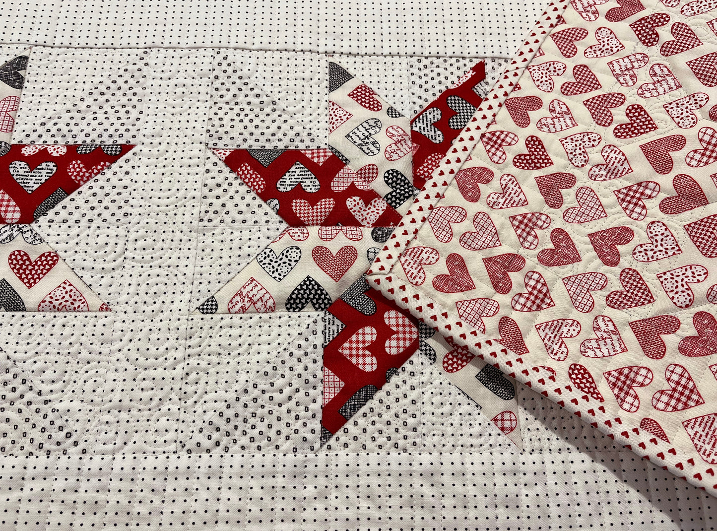 Table Runner - Handmade Valentine's Day Hearts - Red, Grey, Cream, Custom Quilted - 13.5"x55" - Ready to Ship