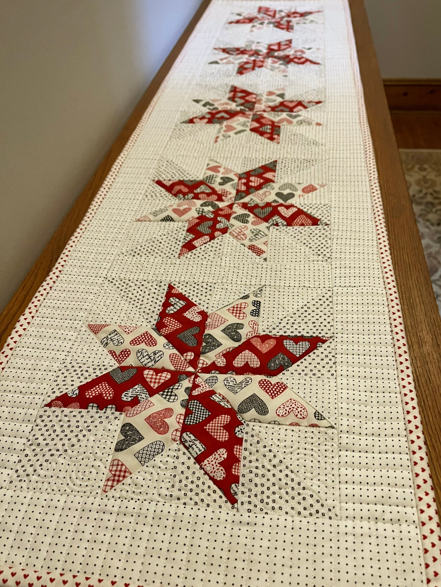 Table Runner - Handmade Valentine's Day Hearts - Red, Grey, Cream, Custom Quilted - 13.5"x55" - Ready to Ship