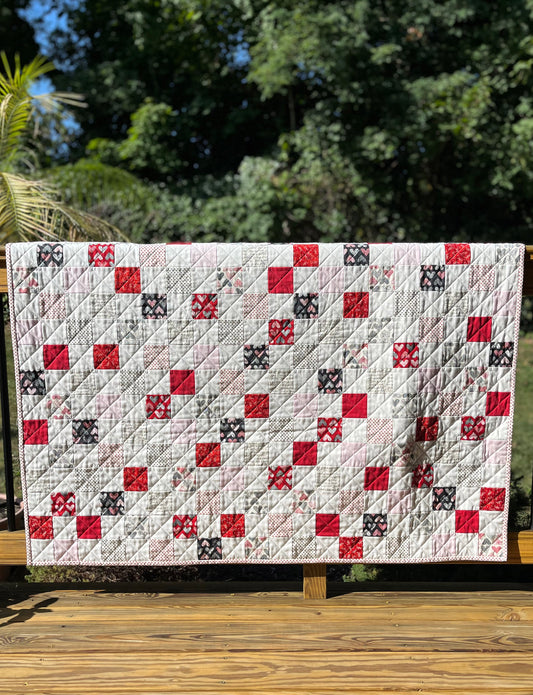 Handmade Throw Size Quilt, Hearts Patchwork Baby Blanket (50x60) Red, Grey & Pink, Holiday Gift - FREE MATCHING BAG!