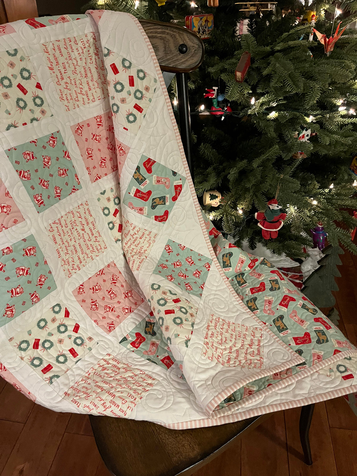 Handmade Christmas Baby Girl Quilt, Lap Quilt, Nostalgic Soft Pink, Mint & Cream (38x46)