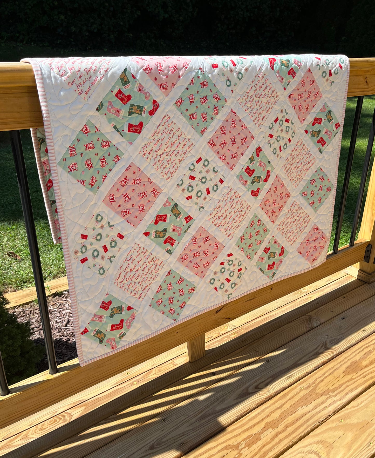 Christmas Baby Quilt - Handmade Baby Blanket, Bright & Cheerful, Ho Ho Ho - Ready to Ship