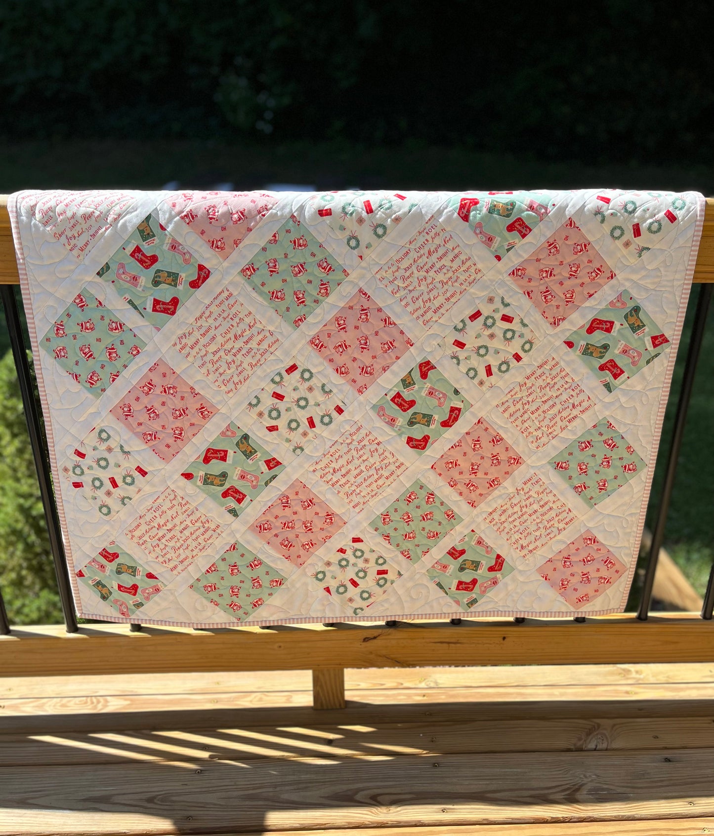 Christmas Baby Quilt - Handmade Baby Blanket, Bright & Cheerful, Ho Ho Ho - Ready to Ship