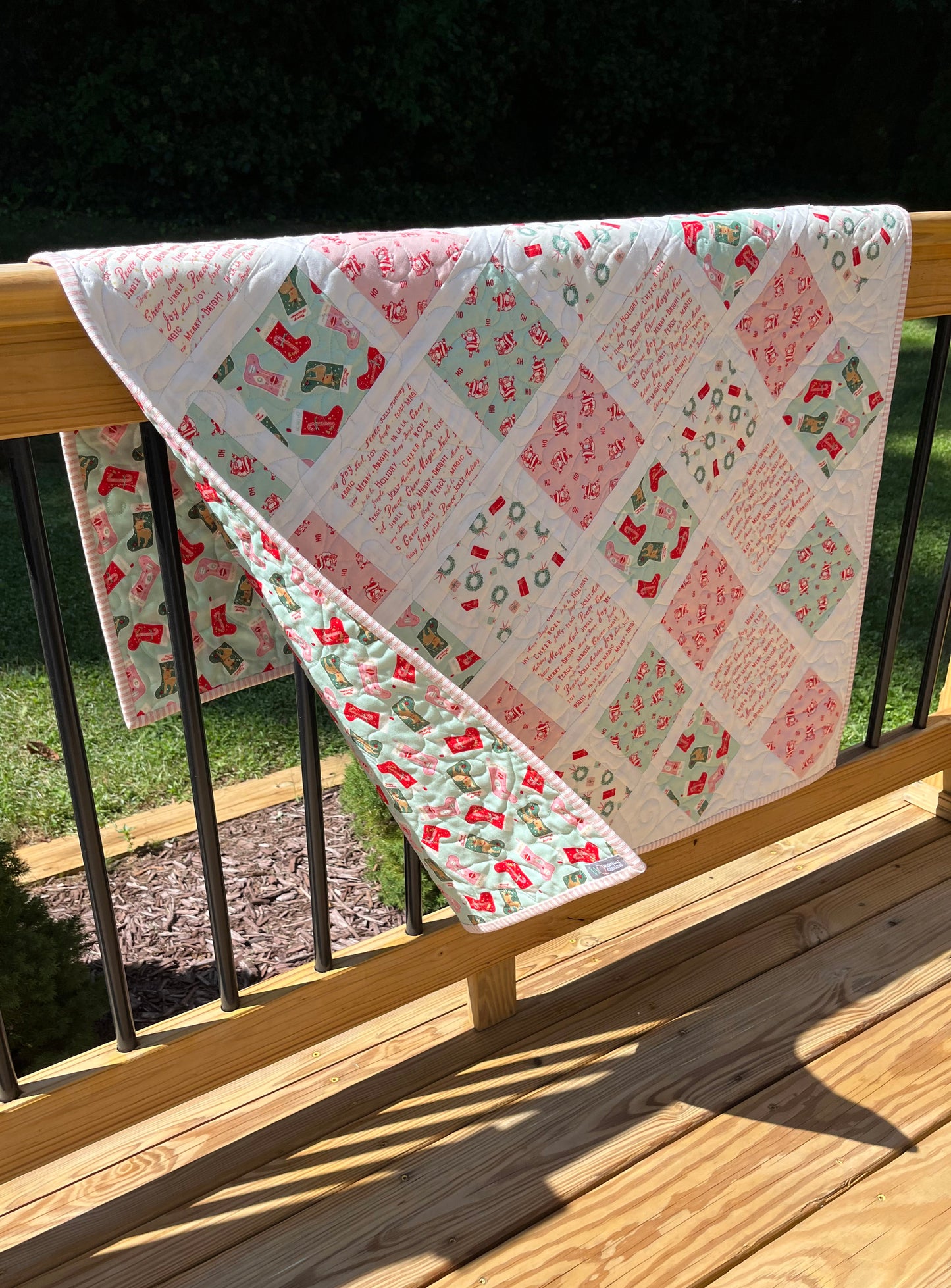 Christmas Baby Quilt - Handmade Baby Blanket, Bright & Cheerful, Ho Ho Ho - Ready to Ship