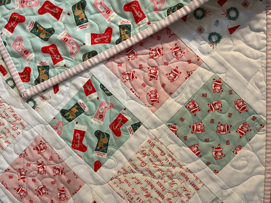 Christmas Baby Quilt - Handmade Baby Blanket, Bright & Cheerful, Ho Ho Ho - Ready to Ship