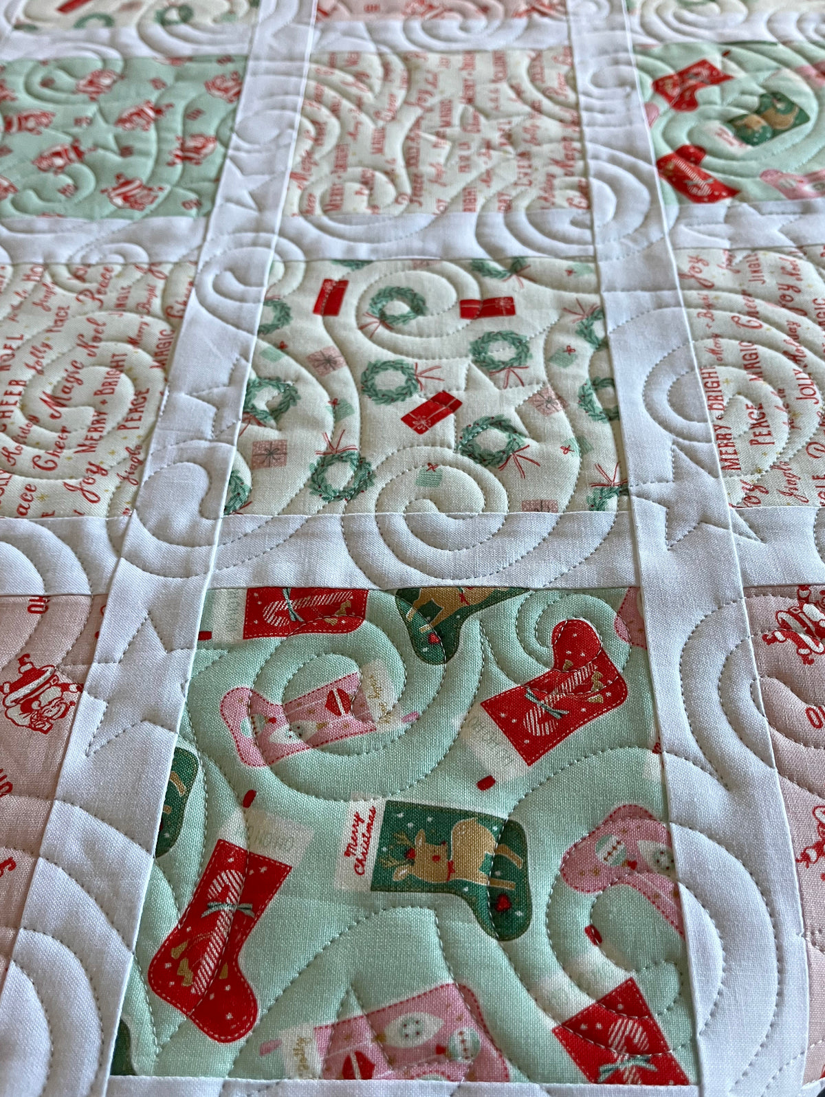 Handmade Christmas Baby Girl Quilt, Lap Quilt, Nostalgic Soft Pink, Mint & Cream (38x46)