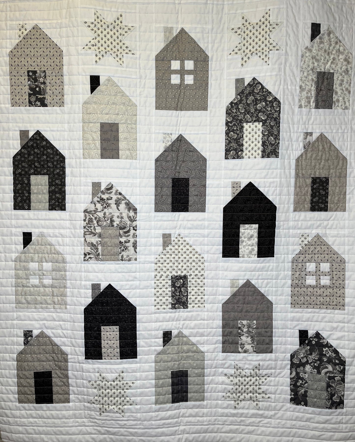 Handmade Quilt Neutral Tones - Quilt of Neighborhood Homes and Stars - Throw Size  (54x63.5) Ready to Ship!