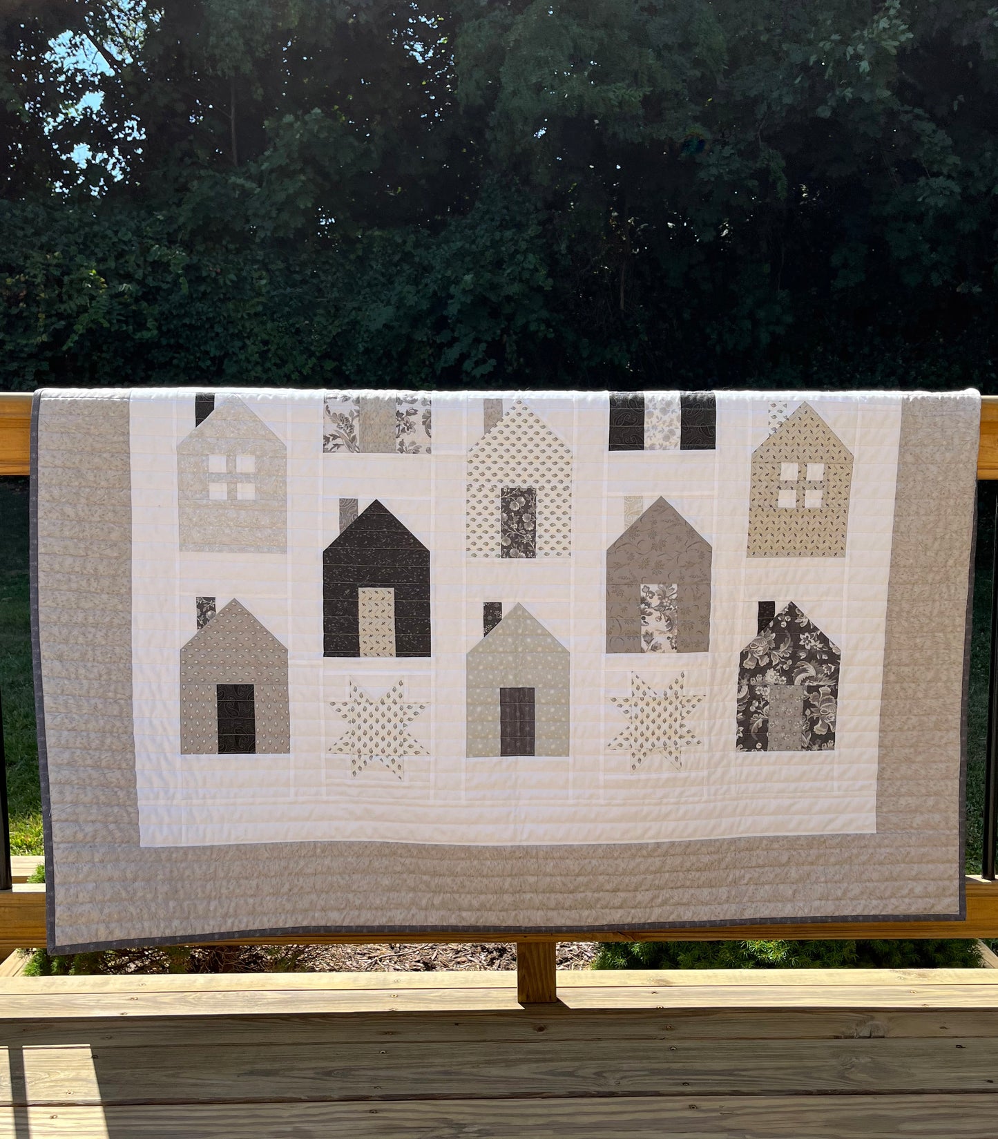 Handmade Quilt Neutral Tones - Quilt of Neighborhood Homes and Stars - Throw Size  (54x63.5) Ready to Ship!