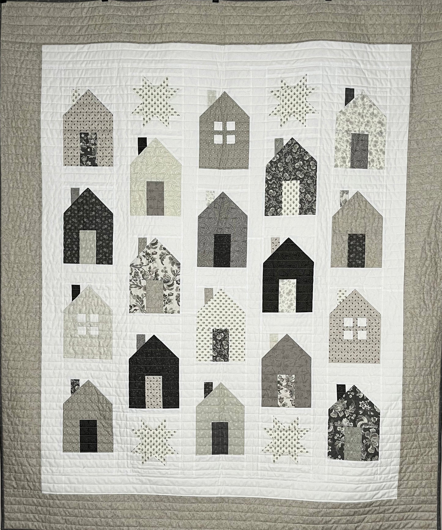 Handmade Quilt Neutral Tones - Quilt of Neighborhood Homes and Stars - Throw Size  (54x63.5) Ready to Ship!
