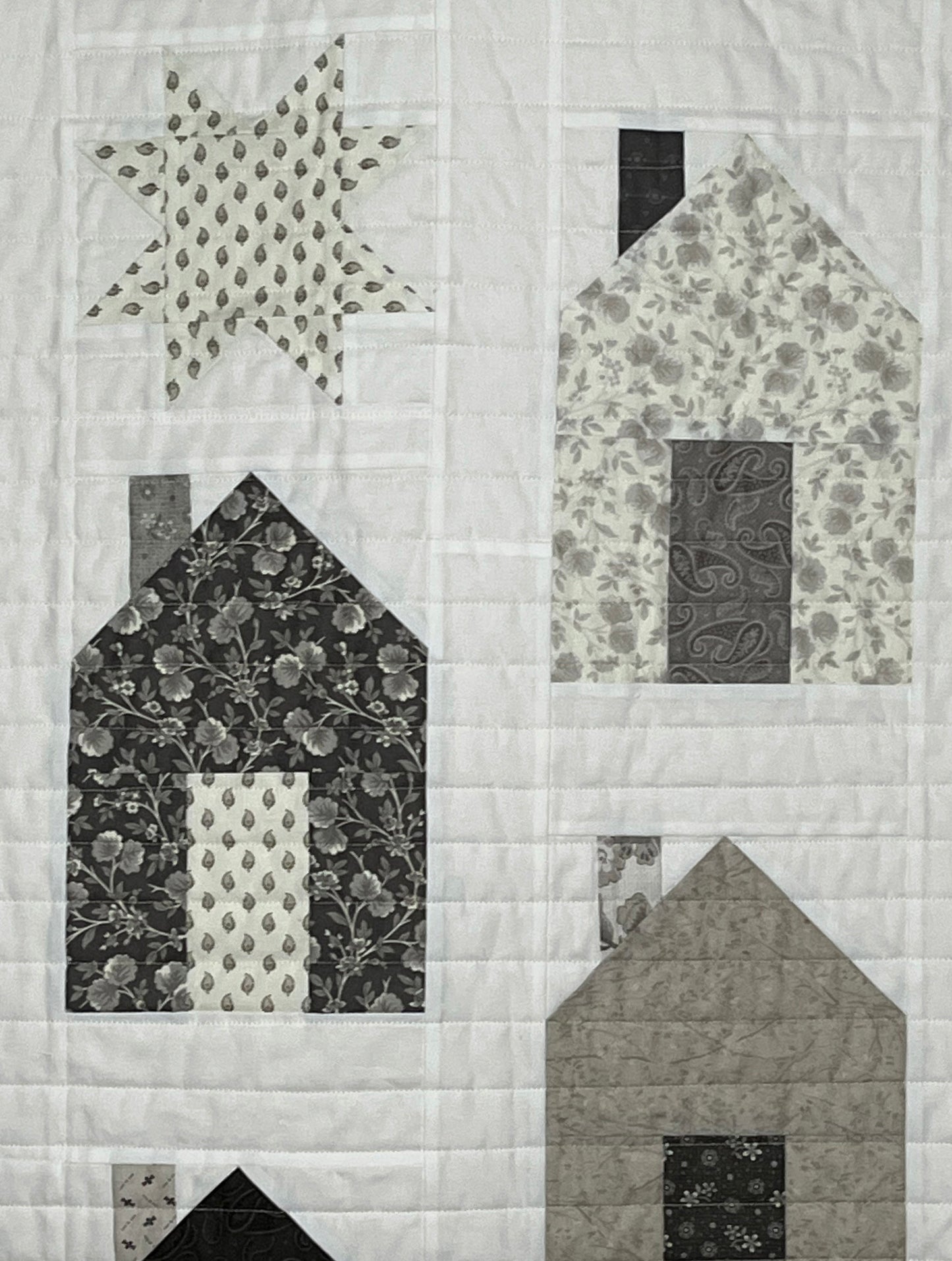 Handmade Quilt Neutral Tones - Quilt of Neighborhood Homes and Stars - Throw Size  (54x63.5) Ready to Ship!