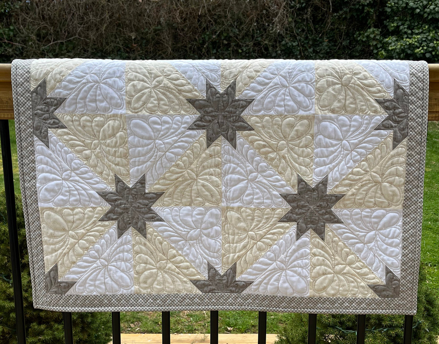 Handmade Heirloom Baby Quilt, Custom Baby Blanket, Hunter's Star Baby Quilt, Grey, Cream, White (34.5x42.5) Lap Quilt, Table Topper