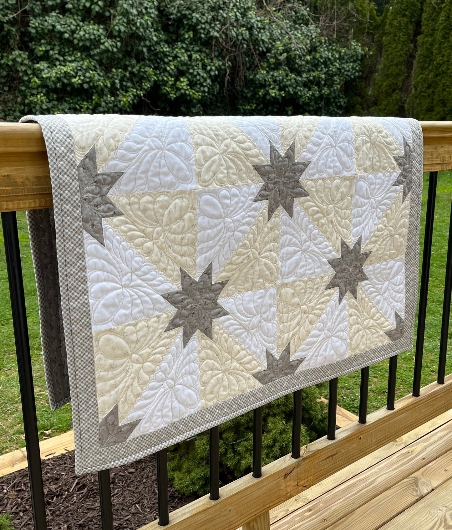 Handmade Heirloom Baby Quilt, Custom Baby Blanket, Hunter's Star Baby Quilt, Grey, Cream, White (34.5x42.5) Lap Quilt, Table Topper