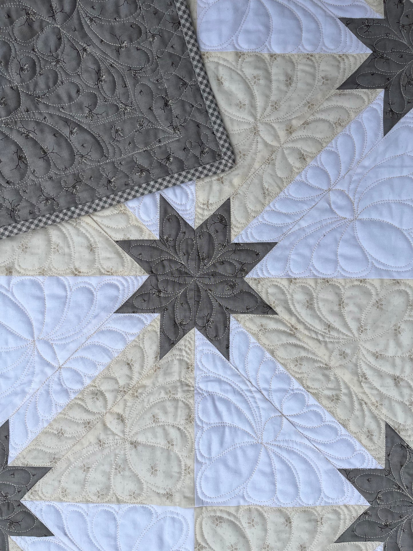 Handmade Heirloom Baby Quilt, Custom Baby Blanket, Hunter's Star Baby Quilt, Grey, Cream, White (34.5x42.5) Lap Quilt, Table Topper