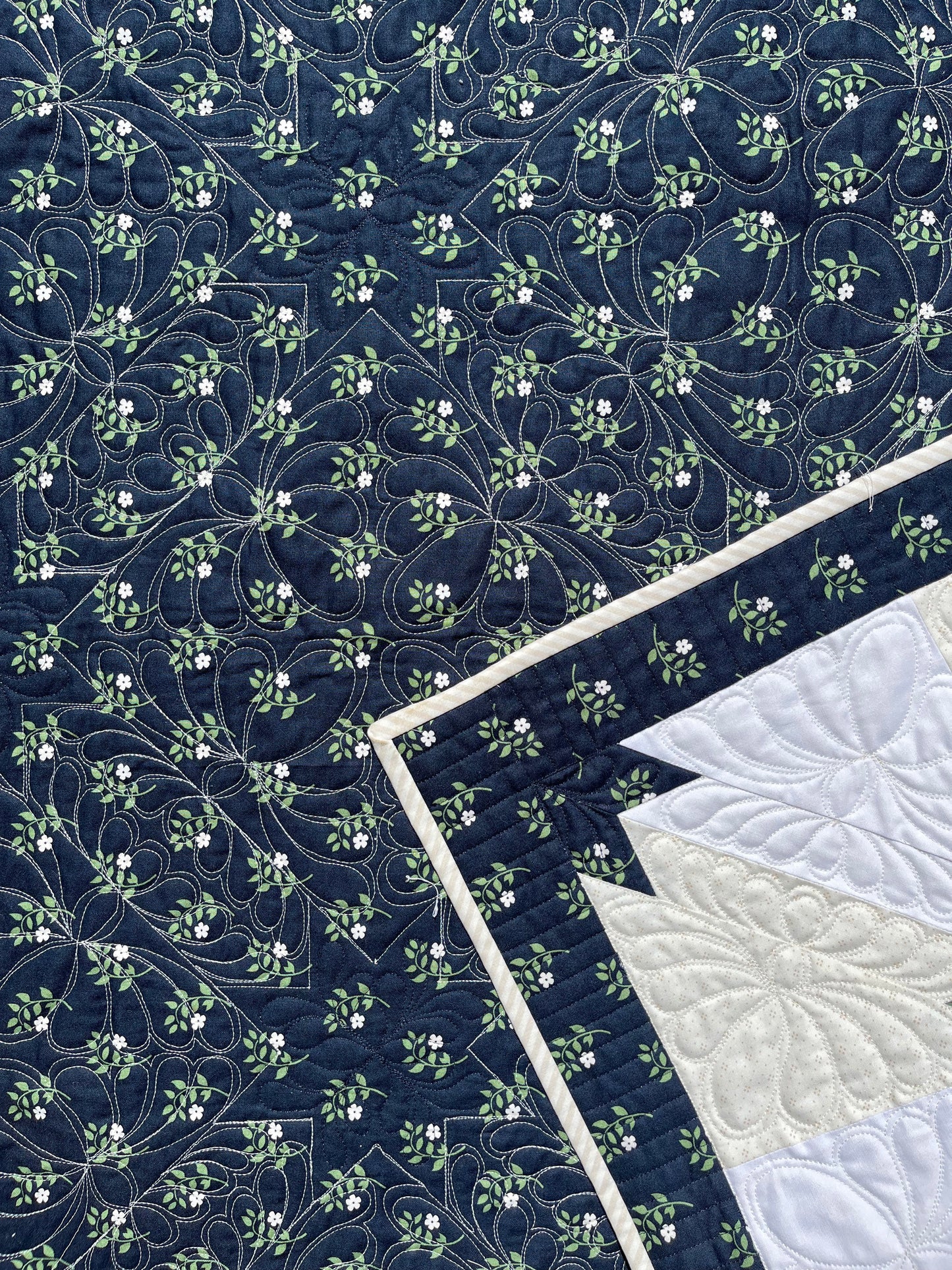 Custom Order for MH - Hunter's Star Quilt Table Topper, Navy, Cream, and White (36x36), Ready to Ship!