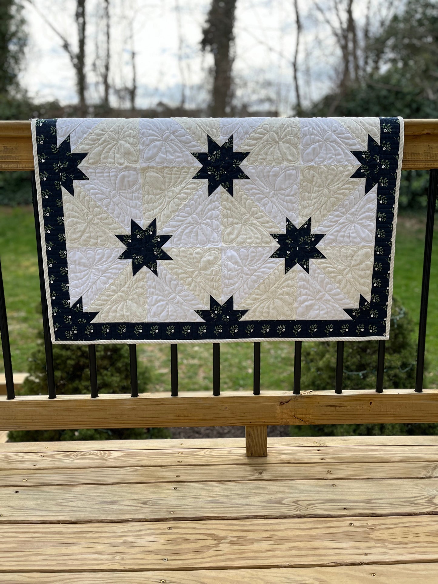 Custom Order for MH - Hunter's Star Quilt Table Topper, Navy, Cream, and White (36x36), Ready to Ship!