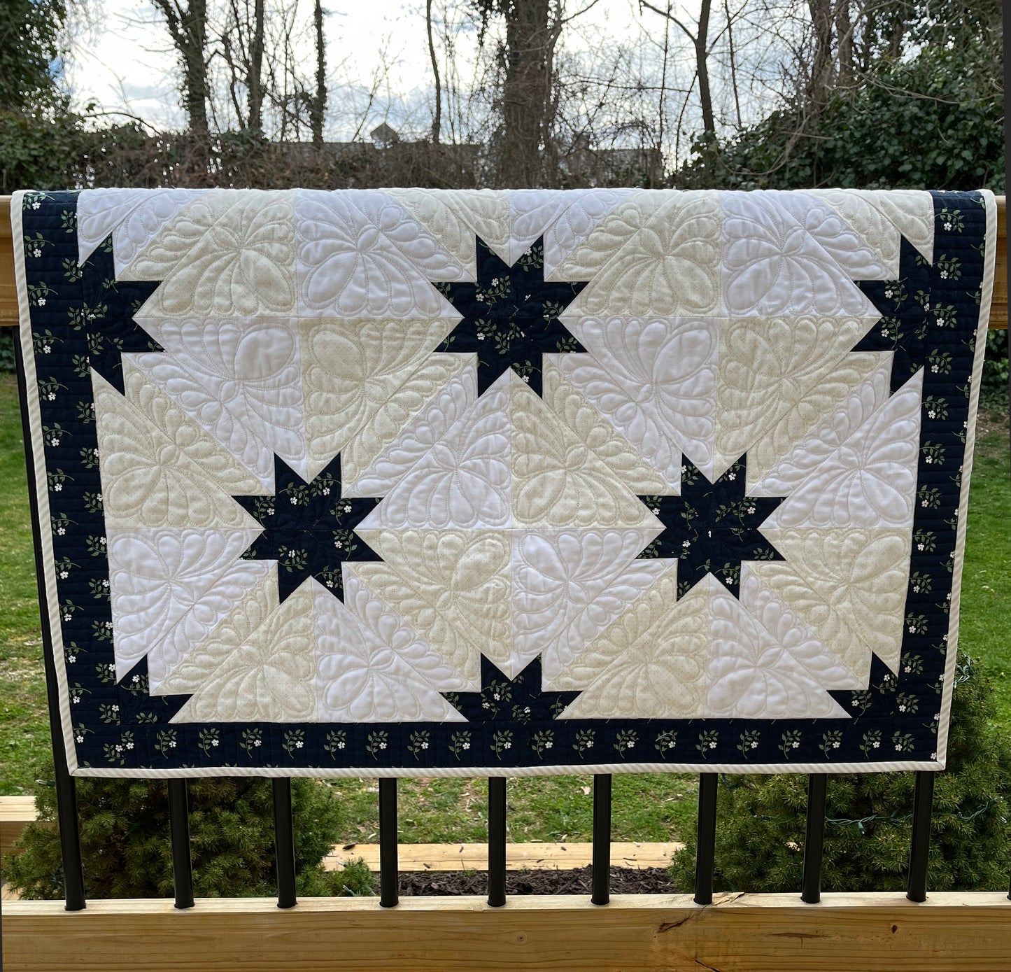 Custom Order for MH - Hunter's Star Quilt Table Topper, Navy, Cream, and White (36x36), Ready to Ship!