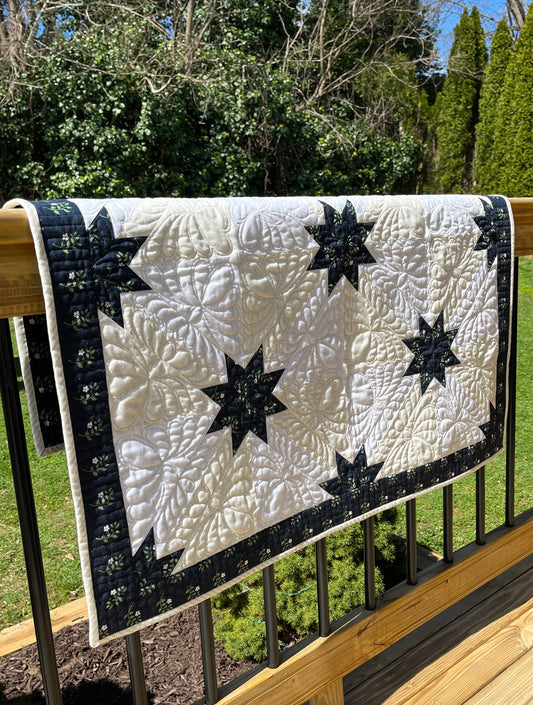 Custom Order for MH - Hunter's Star Quilt Table Topper, Navy, Cream, and White (36x36), Ready to Ship!