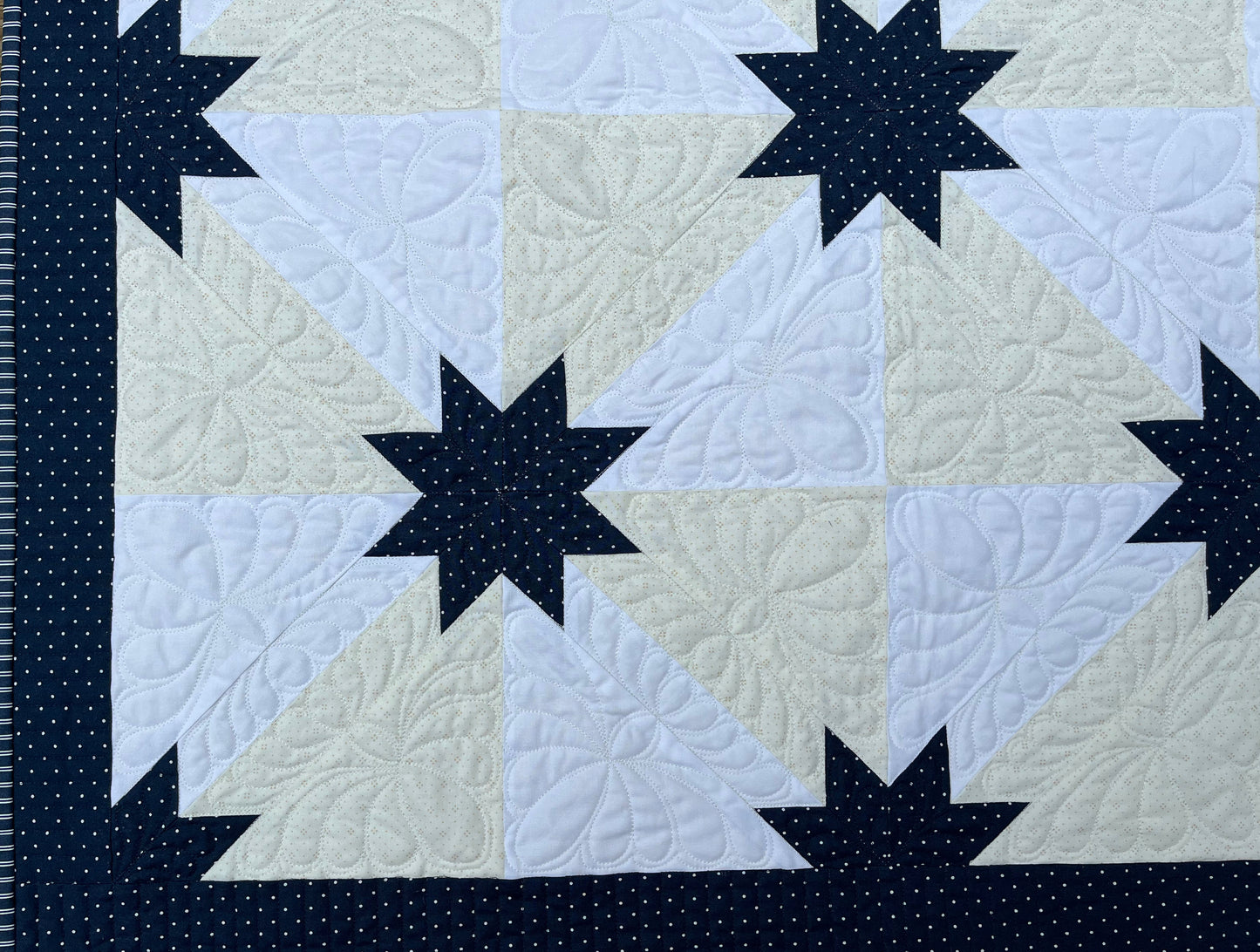 Reserved for Tom - Handmade Custom Quilted Hunter's Star Table Topper, Baby Quilt, Navy Cream and White (36x36) Ready to Ship!