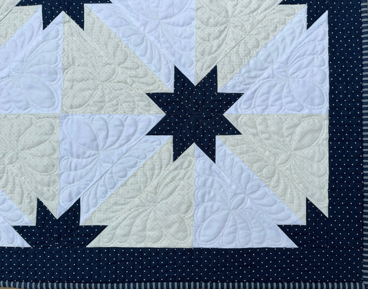 Reserved for Tom - Handmade Custom Quilted Hunter's Star Table Topper, Baby Quilt, Navy Cream and White (36x36) Ready to Ship!