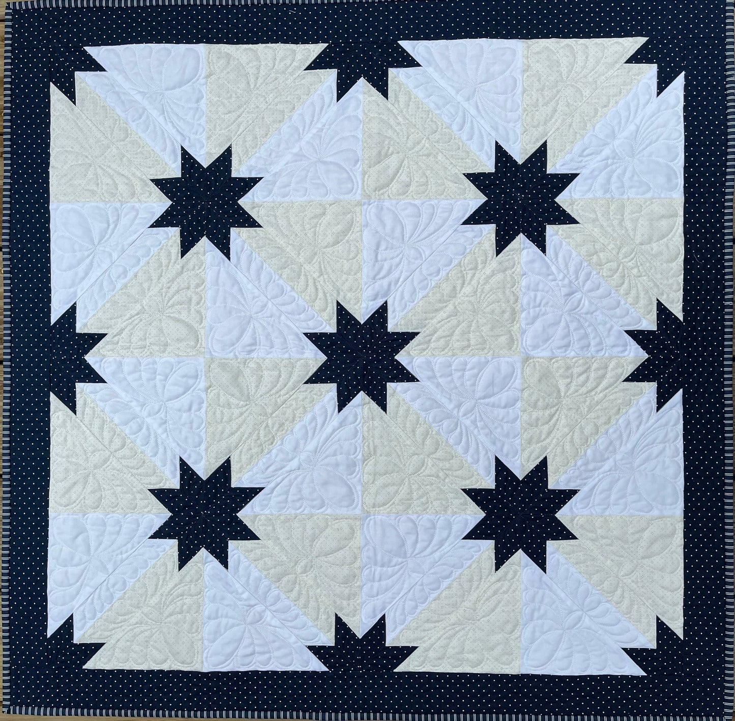 Reserved for Tom - Handmade Custom Quilted Hunter's Star Table Topper, Baby Quilt, Navy Cream and White (36x36) Ready to Ship!