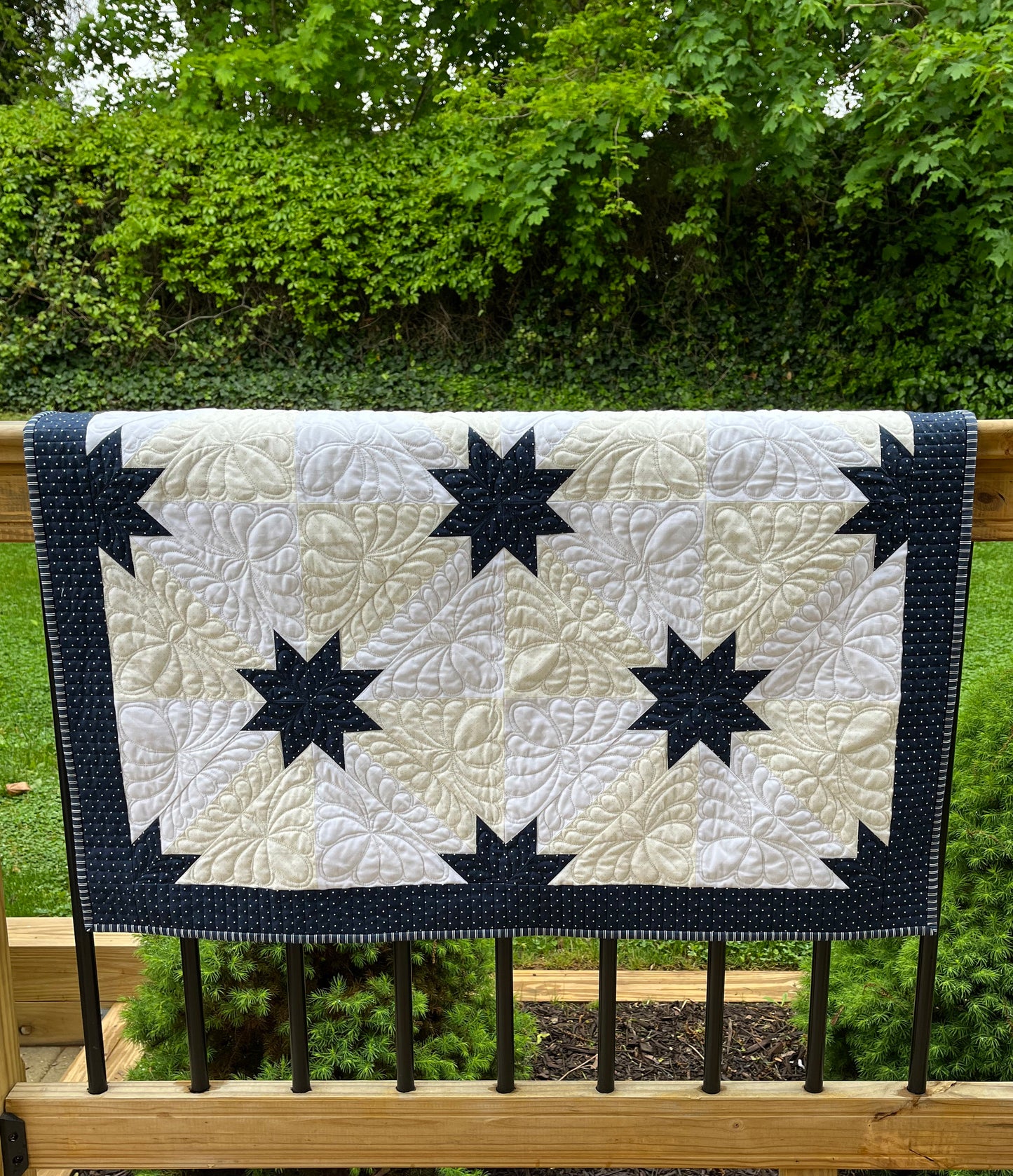 Reserved for Tom - Handmade Custom Quilted Hunter's Star Table Topper, Baby Quilt, Navy Cream and White (36x36) Ready to Ship!