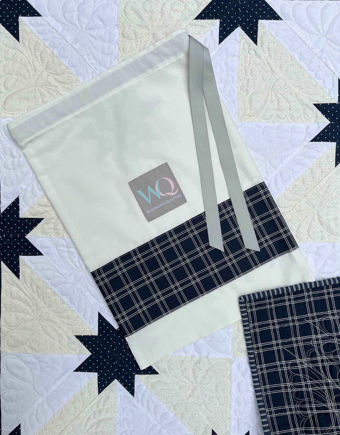 Reserved for Tom - Handmade Custom Quilted Hunter's Star Table Topper, Baby Quilt, Navy Cream and White (36x36) Ready to Ship!