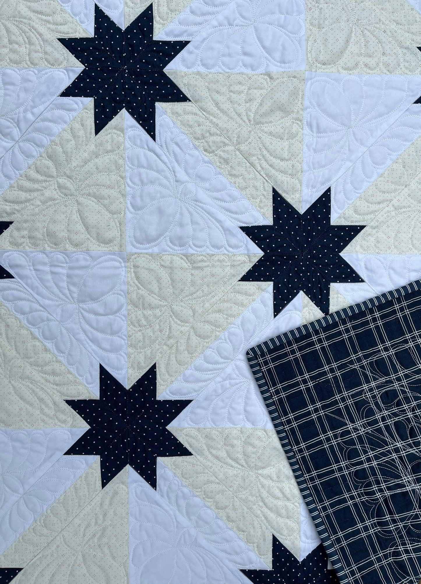 Reserved for Tom - Handmade Custom Quilted Hunter's Star Table Topper, Baby Quilt, Navy Cream and White (36x36) Ready to Ship!