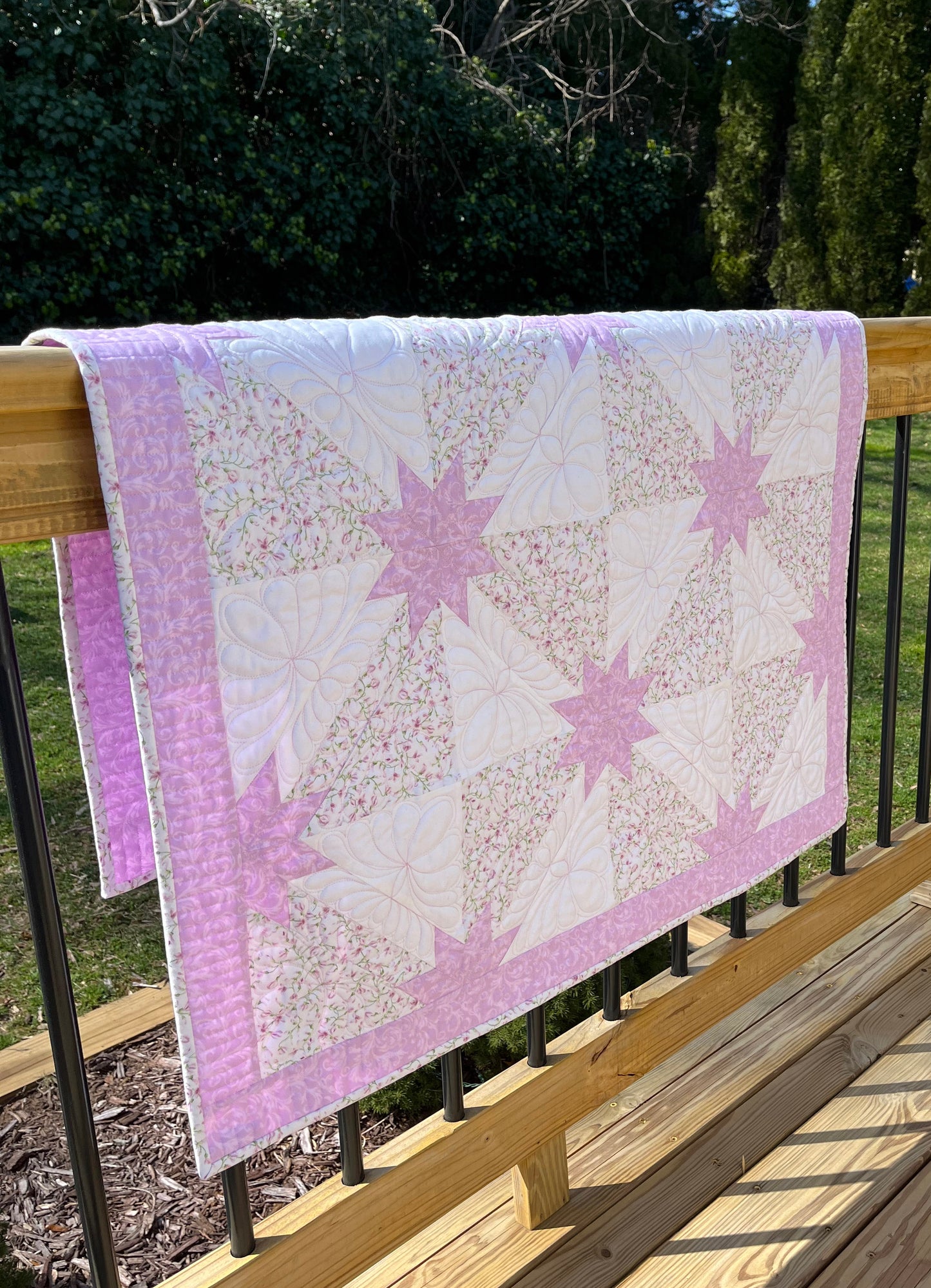 Custom Made for Jen - Handmade Hunter's Star Baby Quilt, Pink-Purple, Cream, White (34.5x42.5)