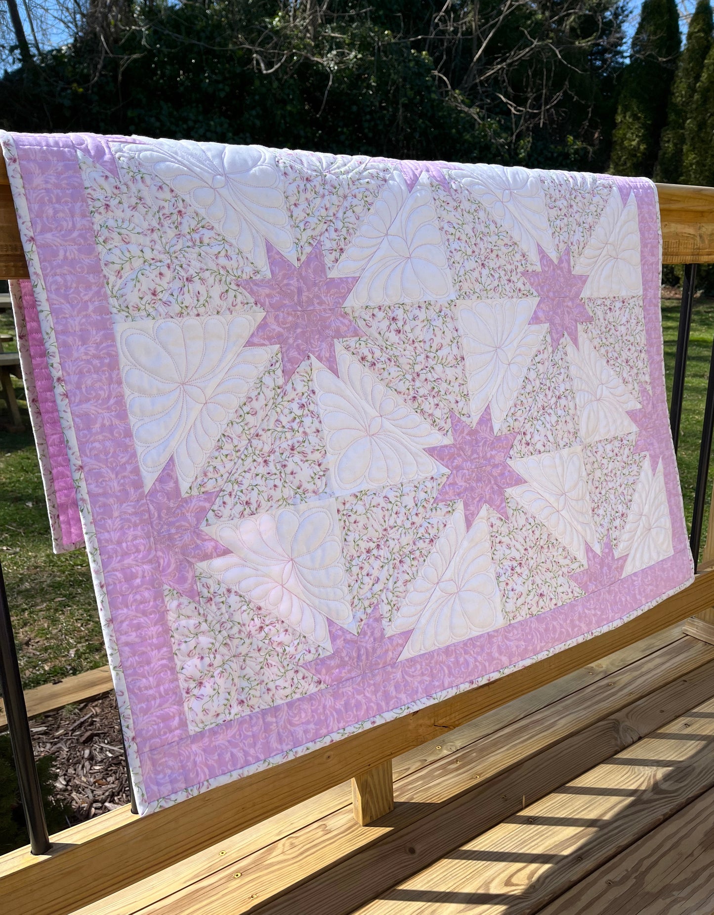 Custom Made for Jen - Handmade Hunter's Star Baby Quilt, Pink-Purple, Cream, White (34.5x42.5)