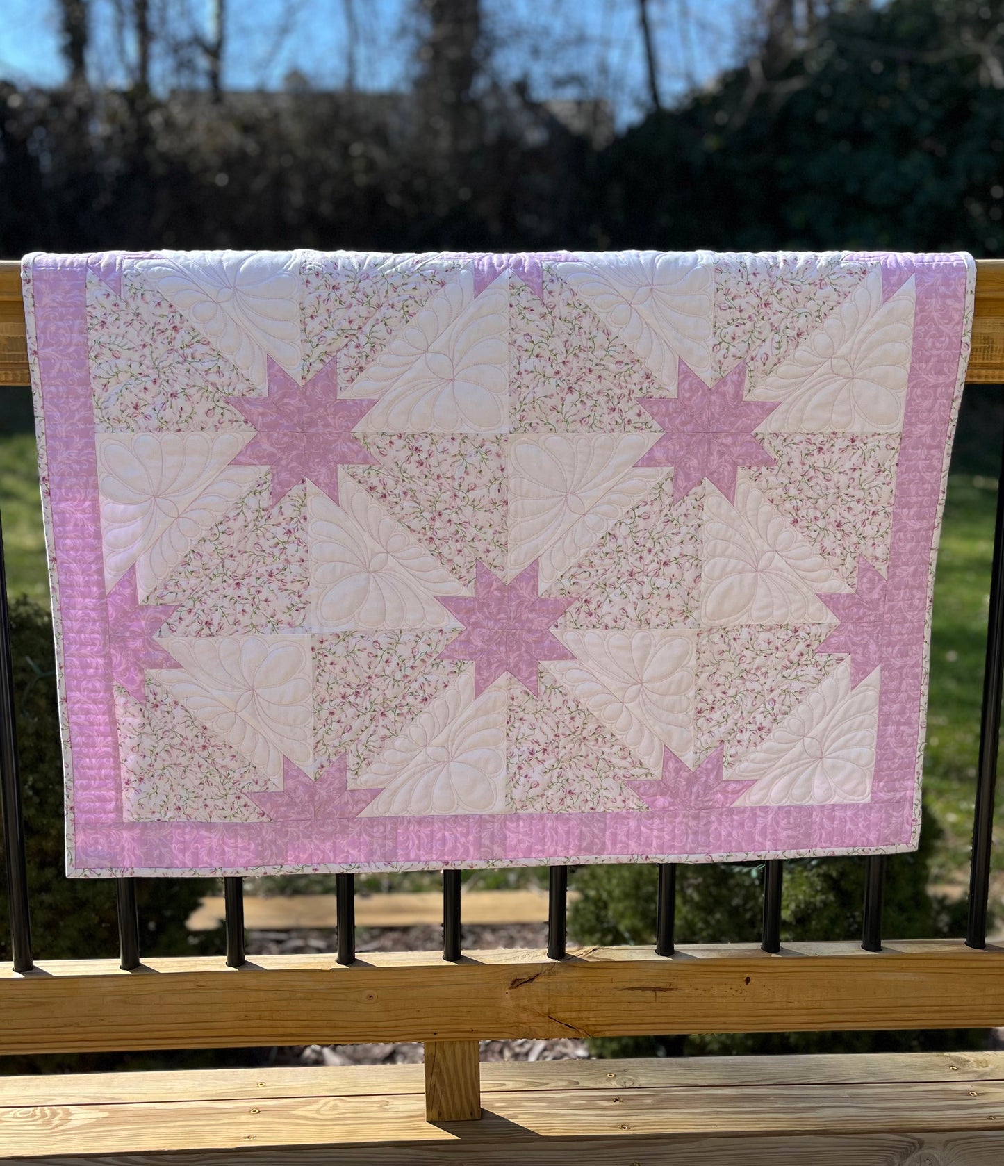 Custom Made for Jen - Handmade Hunter's Star Baby Quilt, Pink-Purple, Cream, White (34.5x42.5)