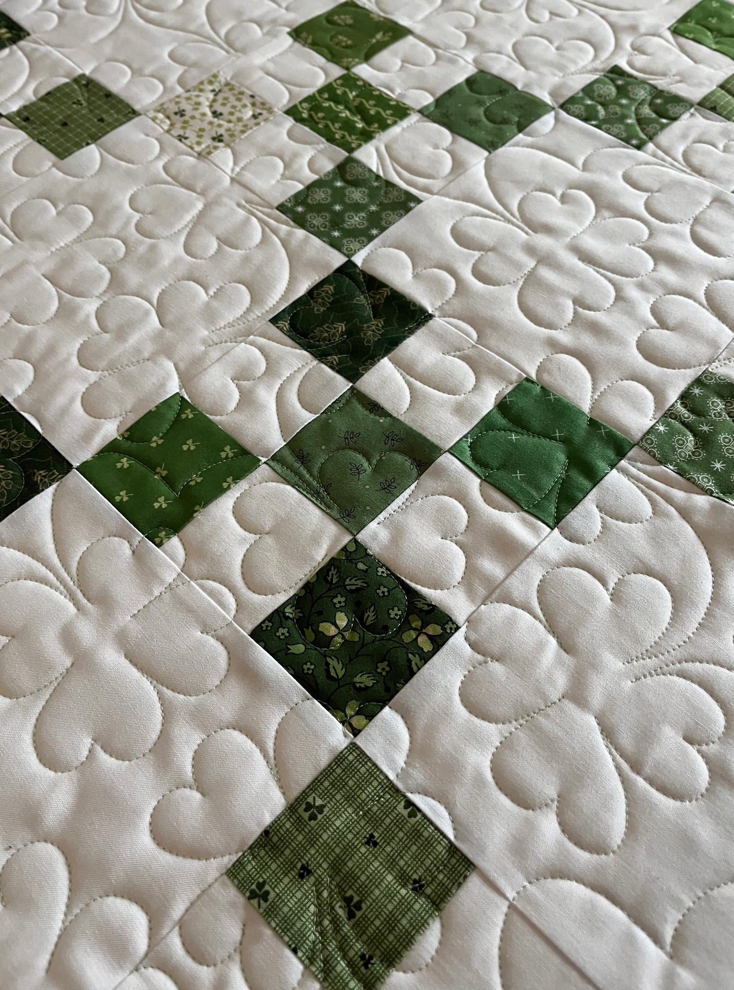 Handmade St Patrick's Day Irish Chain Baby Quilt, Lap Quilt, Quilted Shamrocks & 4 Leaf Clovers (36.5 x 48) Ready to Ship!