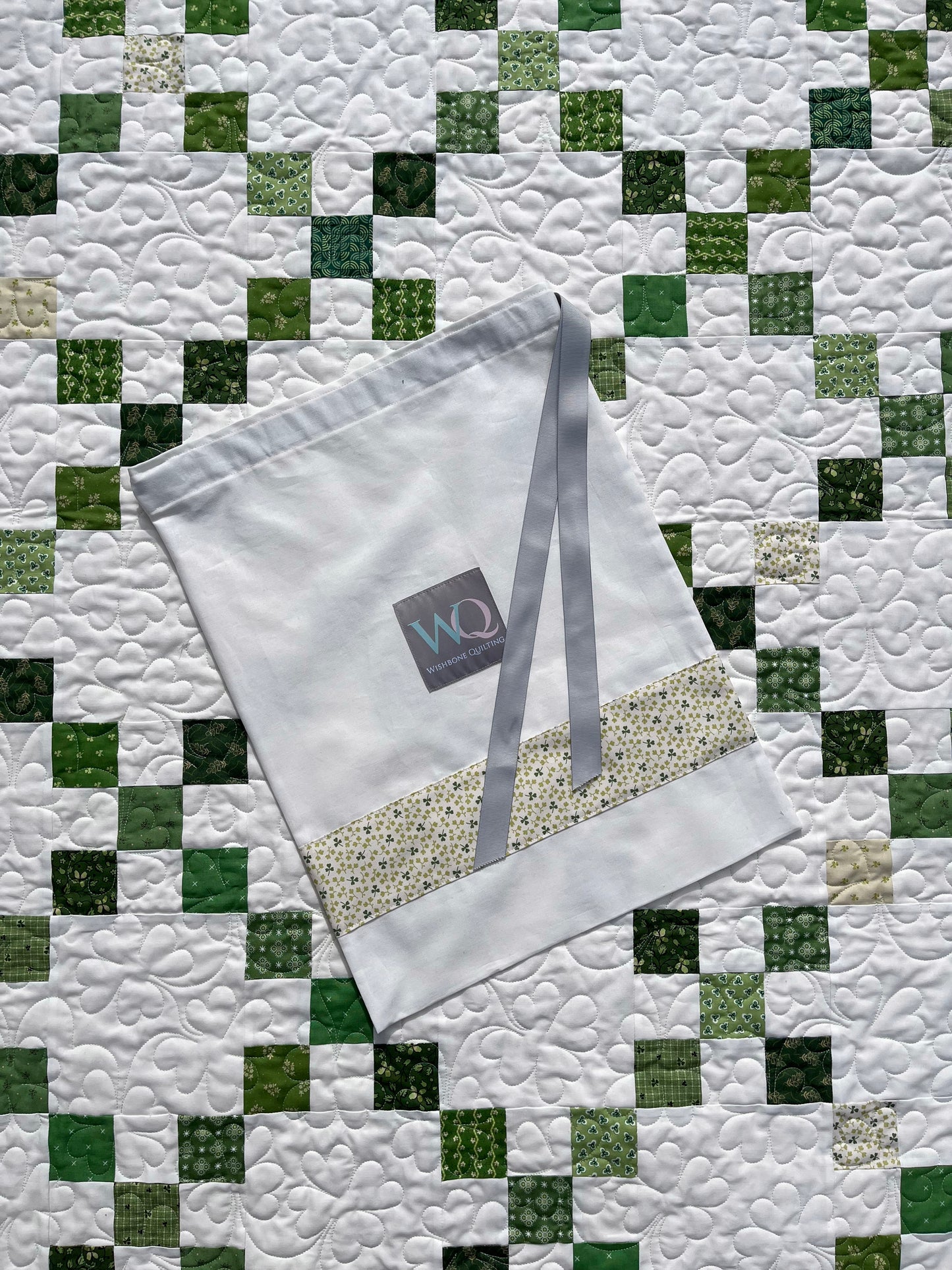 Handmade St Patrick's Day Irish Chain Baby Quilt, Lap Quilt, Quilted Shamrocks & 4 Leaf Clovers (36.5 x 48) Ready to Ship!