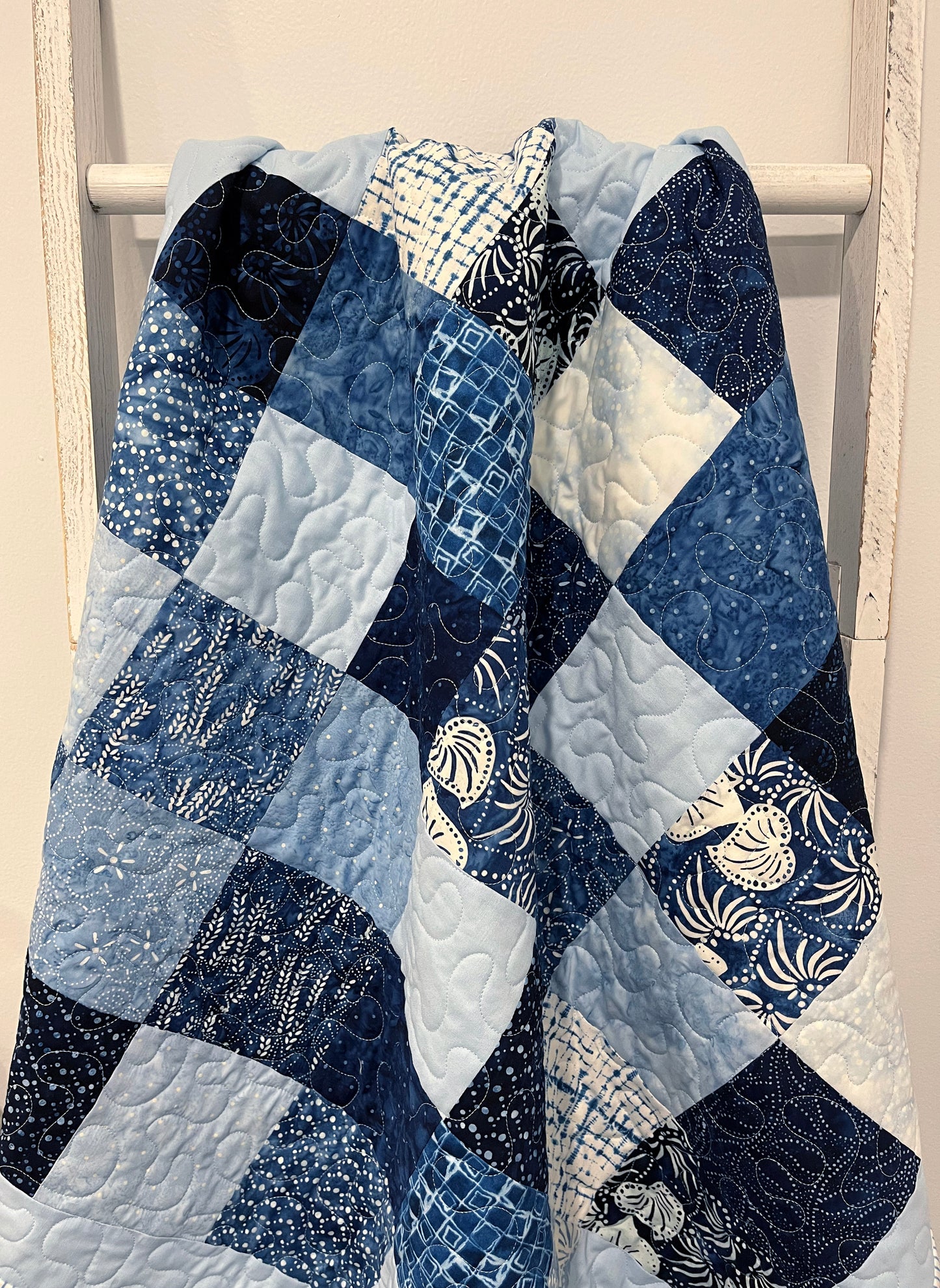 Handmade Baby Boy Quilt, Baby Blanket, Japanese Kasuri Print, Quilted Baby Mat, Baby Bath Mat (36x36) Ready to Ship!