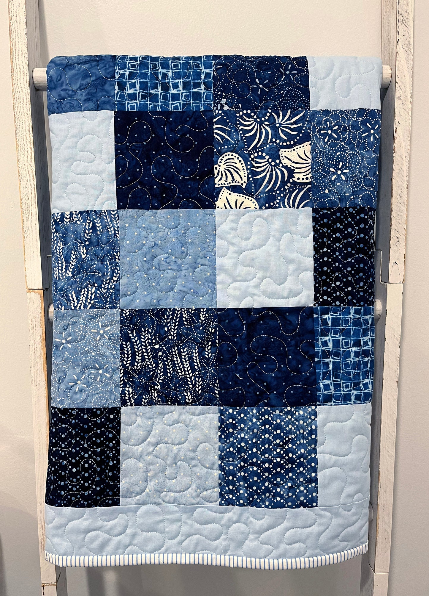 Handmade Baby Boy Quilt, Baby Blanket, Japanese Kasuri Print, Quilted Baby Mat, Baby Bath Mat (36x36) Ready to Ship!